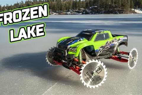 Traxxas Xmaxx 8S Saw Blade Wheels on Frozen Lake
