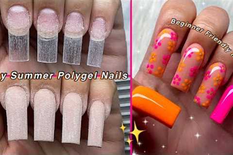 EASY SUMMER POLYGEL NAILS🧡 BEGINNER FRIENDLY NAIL ART &amp; POLYGEL APPLICATION! Nail Tutorial