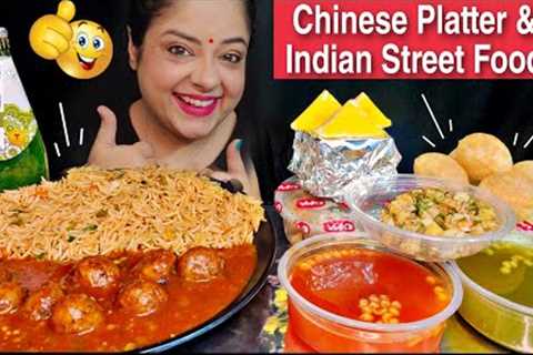 EATING Veg Fried Rice, Manchurian Gravy, Golgappe, Sweets  | Chinese Food Indian Street Food Mukbang