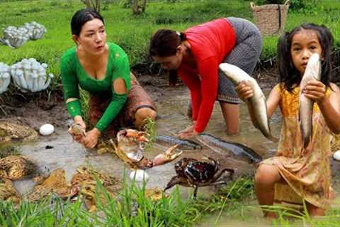 Top survival of mother with daughter- Fish with mushroom for lunch cooking +3videos in forest