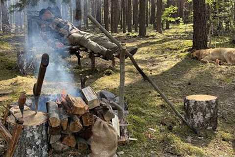 Bushcraft, Building, Life and Cooking in the forest. Survival Skills. Log Cabin.