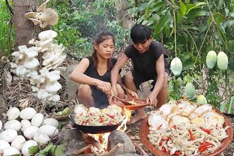 Find meet mushroom and egg for food - Cooking duck egg with mushroom &amp; Eating delicious in..
