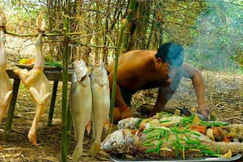 Caught A Huge Fish and Cooked It in a Big Tandoor! Fish Day Cooking In The Jungle.