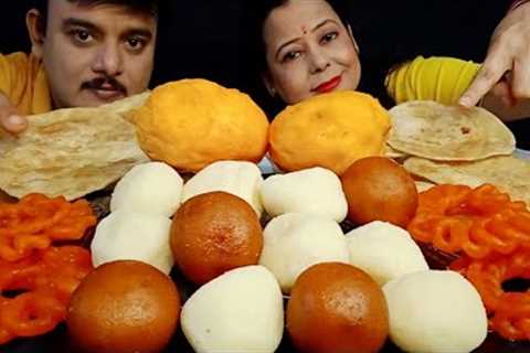 INDIAN SWEETS EATING CHALLENGE RASGULLA GULAB JAMUN MANGO🥭POORI*INDIAN SWEETS..