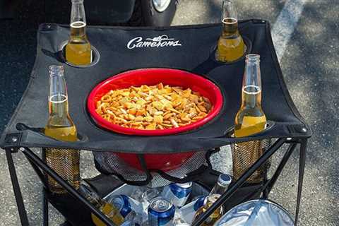 This clever tailgate table has an insulated cooler and spots for drinks and snacks.
