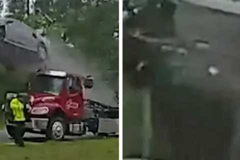 Car Rockets 120ft After Ramping Off Tow Truck in Wild Crash Footage from Georgia