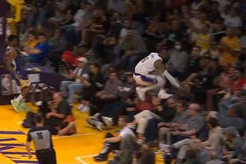 LeBron James jumps over the front row after crazy hustle play vs Warriors Game 3