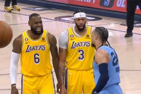 Anthony Davis and LeBron James taunt Dillon Brooks after AD blocks his shot into the crowd