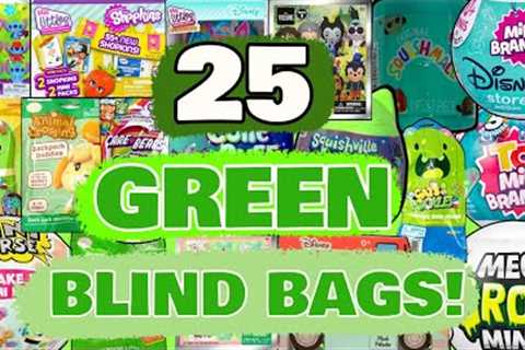 UNBOXING 25 GREEN BLIND BAG TOYS! MINI VERSE! MINI BRANDS! SQUISHMALLOWS! REAL LITTLES! DISNEY!