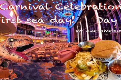 Our Carnival Celebration Cruise, Our first sea day, Day 2, Dinosaur came back to life! + Room Tour.
