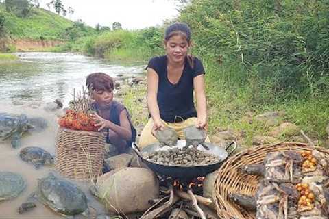 Rambutan fruit and Turtle egg for survival food - Turtle and egg cooking in Stone for dinner