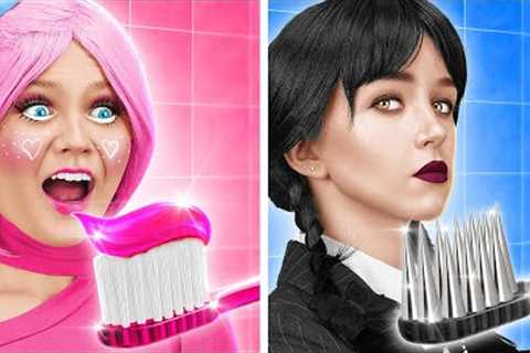 AMAZING DOLL MAKEOVER! WEDNESDAY VS ENID || Extreme DIY Ideas &amp; Mini Crafts! Hacks By 123 GO!..