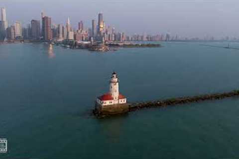 Chicago Harbor Lighthouse Navy Pier Skyline 4k Stock Drone Video Footage DJI Mavic 3