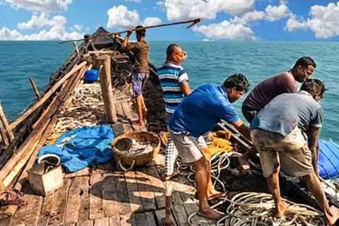 Ocean fishing with nets fishing method - Large nets are used to catch fish in the open ocean or sea