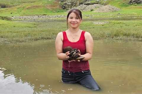 The life of a girl on the lake. Catching fish, catching clams, catching crabs to sell.