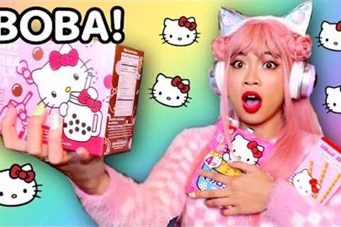 EATING ONLY HELLO KITTY FOOD FOR 24 HOURS! (BOBA MILK TEA, PASTA, AND MORE)
