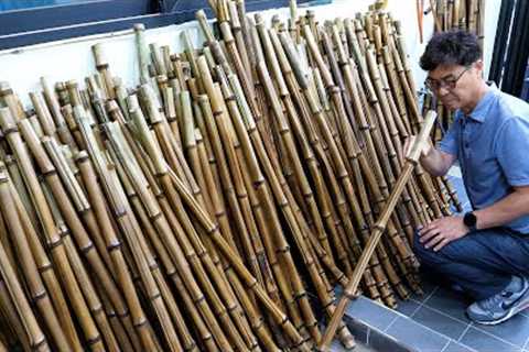 Process of making long bamboo flutes. Korean traditional musical wind instruments factory