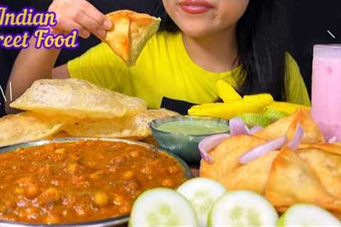 Eating Chole Bhature , Samosa &amp; Lassi | Indian Street Food | ASMR | MUKBANG | Big Bites |