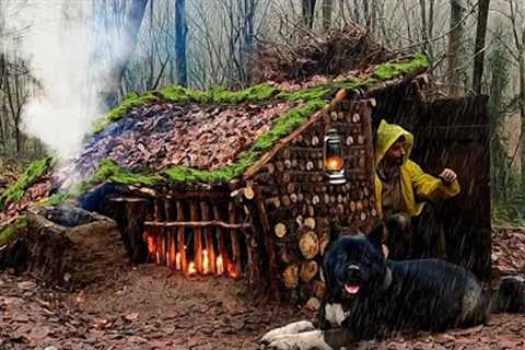 3 Days SOLO CAMPING In HEAVY RAIN - Building Warm BUSHCRAFT SHELTER &amp; Fireplace - SURVIVAL..