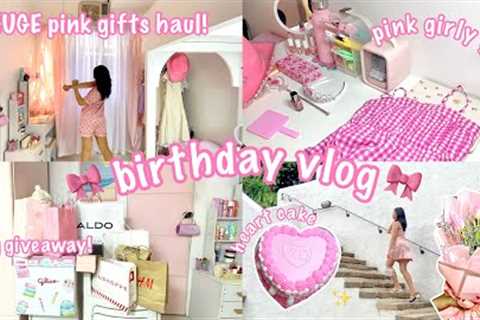 productive birthday vlog + HUGE pink gifts haul🎀✨package giveaway, pretty cake, girly aesthetic🛼