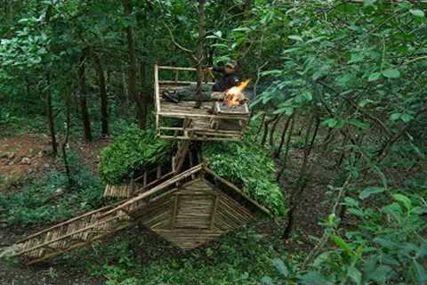 Build Bushcraft Shelter on The Tree House 7m Survival 5Day Alone in Forest Solo Skills