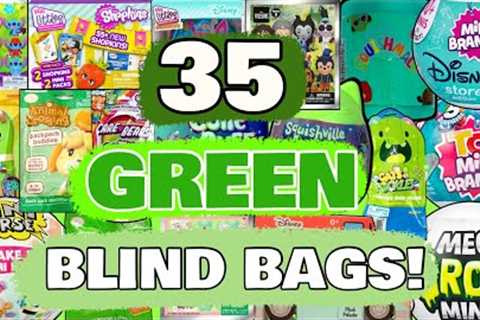 UNBOXING 35 GREEN BLIND BAGS! MINI BRANDS! MINI VERSE! SQUISHMALLOWS! REAL LITTLES!!