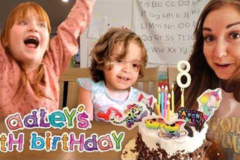 ADLEY's 8th BiRTHDAY!!!!!!!!  Neon Rainbow Bday Morning! Hide n Seek for Presents! Trampoline Park!