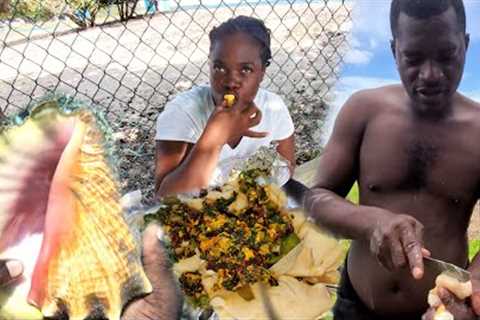 catch clean and cook roast conch with callaloo on  the sea side