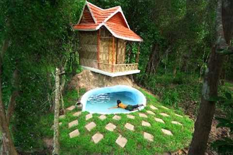 Survival Girl Living Alone Building A House Wooden Villa and Mud Roof on Underground Swimming Pool