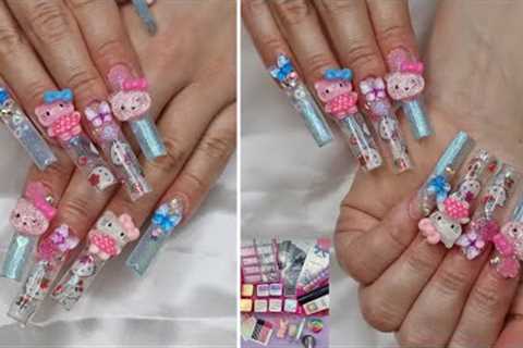 BLUE GLITTER HELLO KITTY POLYGEL NAILS I COLORFULJULY SEPTEMBER MYSTERY BOX UNBOXING