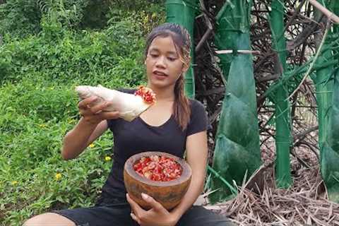 Adventure solo in forest: Wild bamboo shoot with hot salt chili for delicious food in jungle
