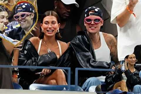 Justin Bieber Funky Pink Sunglasses wife Hailey as they Catch 2023 Open Round Three with A-listers.