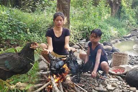 Survival in the rainforest: Catch and cook chicken for food, Chicken spicy burned Eating delicious
