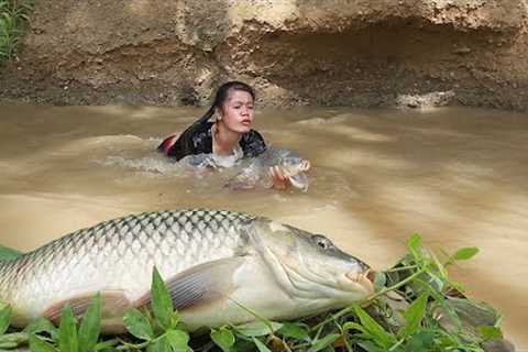 Survival in forest: Skills catching Fresh river fish for survival food, Fish soup spicy for dinner