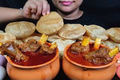 ASMR EATING 2 FULL HANDI OF SPICY MUTTON CURRY WITH LOTS OF SOFT LUCHI/PURI &amp; SALAD | INDIAN..