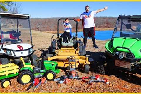 Rescuing lawn mower from fire with kids tractor and using zero turn, chainsaw, weed eater and blower