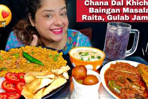 EATING Chana Dal Khichdi, Baingan Masala, Raita, Gulab Jamun, Purple Juice  | IndianVeg Food Mukbang