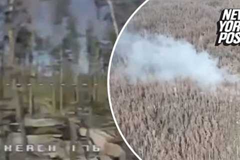 Hair-raising moment Ukrainian kamikaze drone flies into Russian forest hideout and explodes