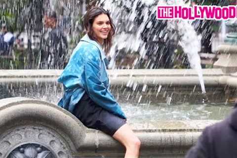 Kendall Jenner Playfully Splashes Around In A Fountain For Her New Calvin Klein Ad In New York, NY