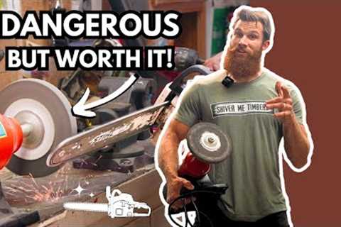 RISKY But QUICK | How To Sharpen A Running Chainsaw With a Bench Grinder