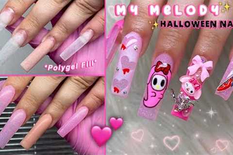 MY MELODY HALLOWEEN POLYGEL NAILS💕 HALLOWEEN NAIL ART DESIGN &amp; CREEPY REDDIT STORIES | Nail..