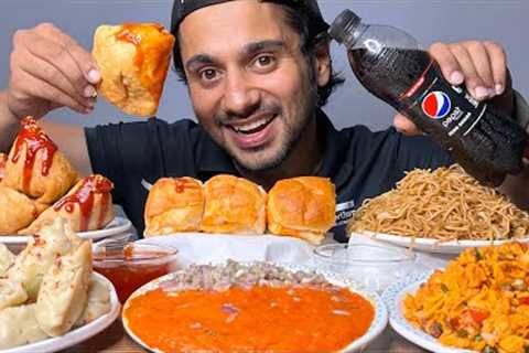 Eating Pao Bajji, Spicy Samosa, Paneer Momo, Bheal puri &amp; Chowmein | Indian Street Food Mukbang