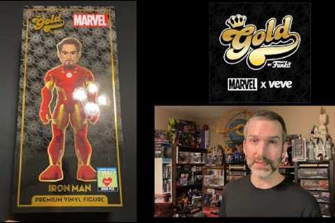 Unboxing a Funko Gold Iron Man 18 vinyl figure, a phygital collaboration with VeVe and Marvel