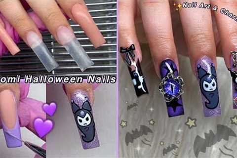 KUROMI HALLOWEEN POLYGEL NAILS💜 NAIL ART &amp; CHARM NAIL DESIGN! CREEPY REDDIT STORIES | Nail..