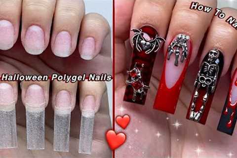 RED HALLOWEEN POLYGEL NAILS❤️ HALLOWEEN NAIL ART &amp; CHARM NAIL DESIGN! | Nail Tutorial