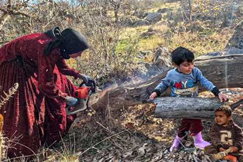 Survival Skills: Resilient Mother and Three Children Embark on a Winter Wood Expedition