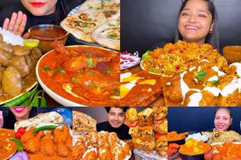 ASMR:EATING INDIAN BUTTER CHICKEN WITH BUTTER NAAN,SPICY MUTTON KALEJI WITH JEERA RICE,CHICKEN KEBAB