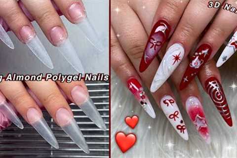 LONG ALMOND POLYGEL NAILS❤️ 3D NAIL ART &amp; EASY POLYGEL APPLICATION! | Nail Tutorial