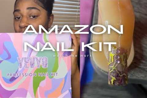 MARBLE ACRYLIC NAILS | Amazon nail kit unboxing | beginner nail tutorial + nail marbling technique