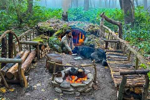 Building UNDERGROUND Bushcraft Shelter for SURVIVAL. Clay Fireplace, Cooking. 3 Days Winter Camping